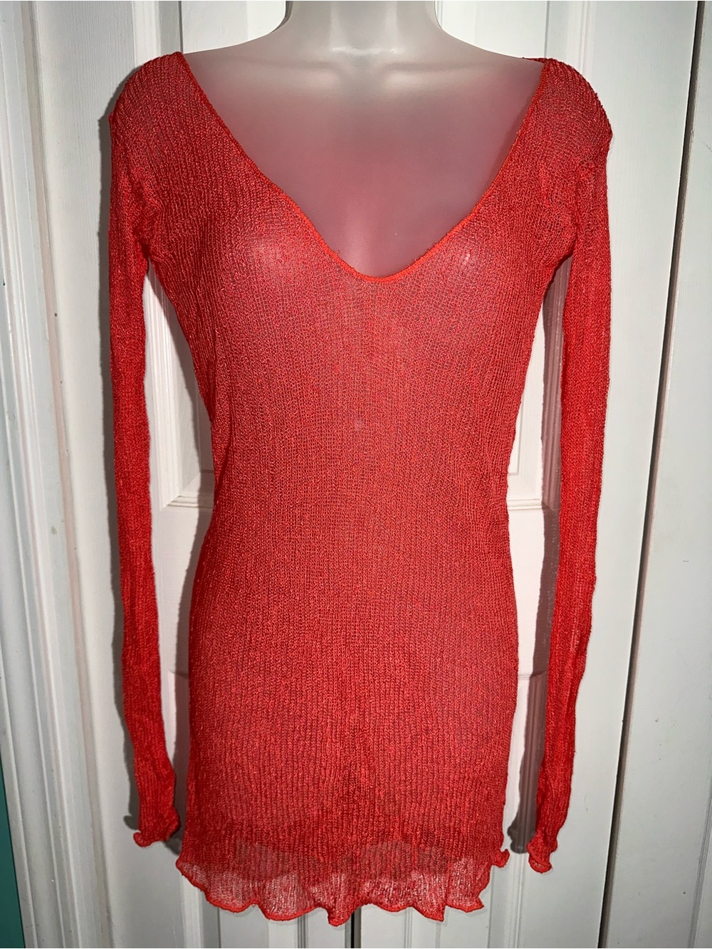 Vintage Y2K Moda International Open Knit Tunic Top M Red Coral Swim Cover  AA26